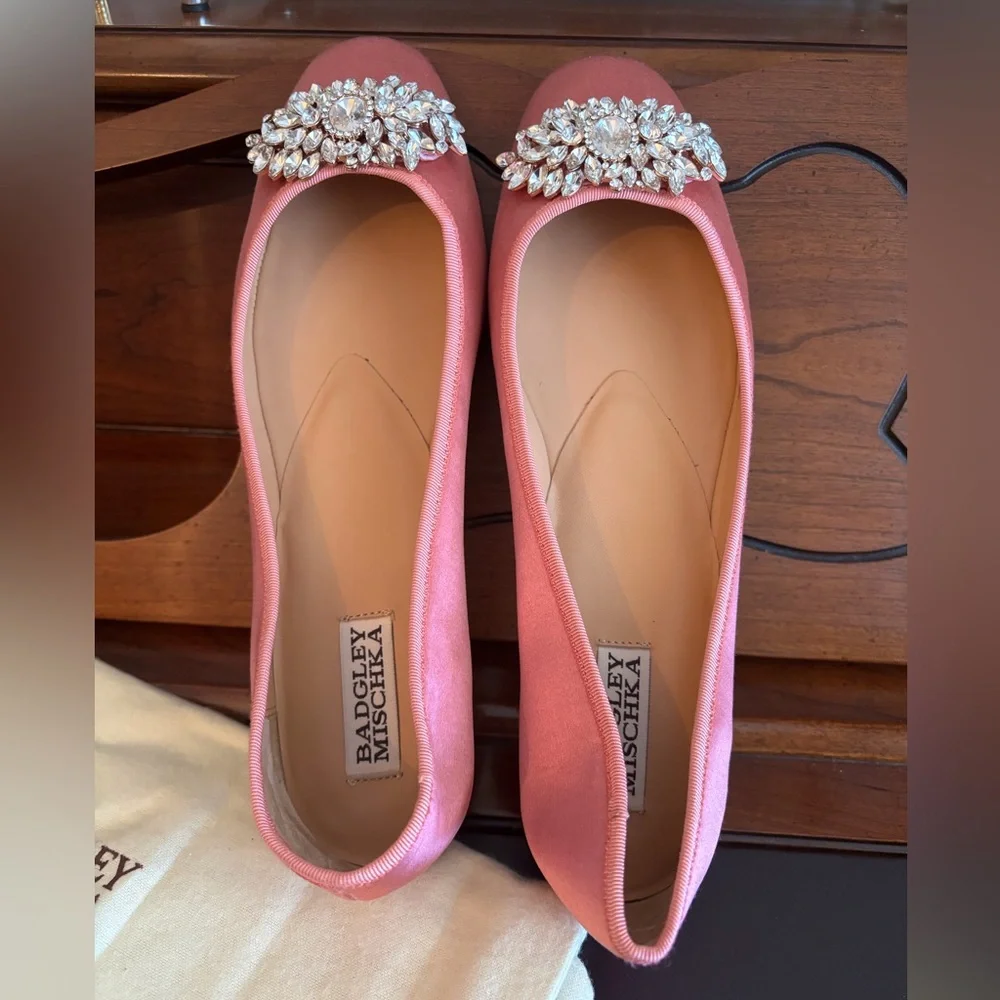 Badgley Mischka Pippa Rose Pink Satin Jeweled Ballet Flats - Picture 4 of 15